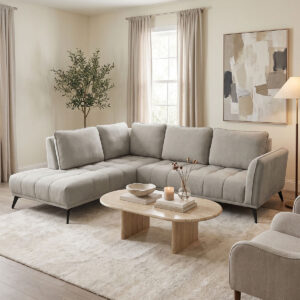 Γωνιακός καναπές Belanza pakoworld δεξιά γωνία με γκρι μπεζ ύφασμα 265x213x90εκ